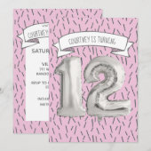 Roze en Grijze Ballon Meisjes 12e Verjaardagsfeest Kaart (Voorkant / Achterkant)