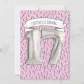 Roze en Grijze Ballon Meisjes 17e Verjaardagsfeest Kaart (Voorkant)