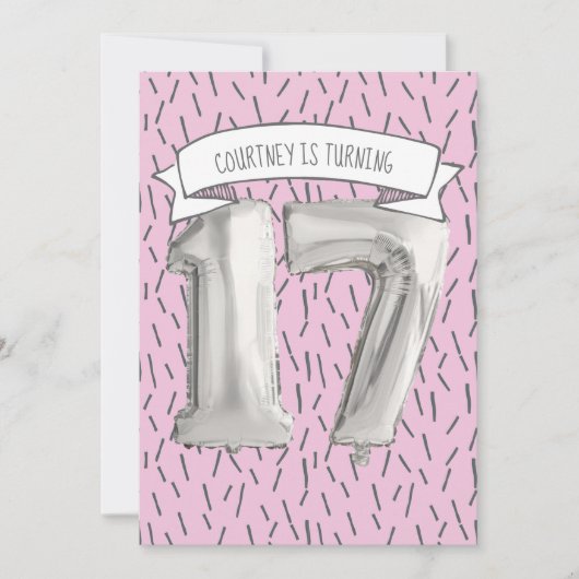 Roze en Grijze Ballon Meisjes 17e Verjaardagsfeest Kaart (Voorkant)