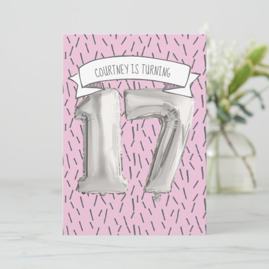 Roze en Grijze Ballon Meisjes 17e Verjaardagsfeest Kaart (Staand voorkant)
