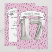 Roze en Grijze Ballon Meisjes 17e Verjaardagsfeest Kaart (Voorkant / Achterkant)