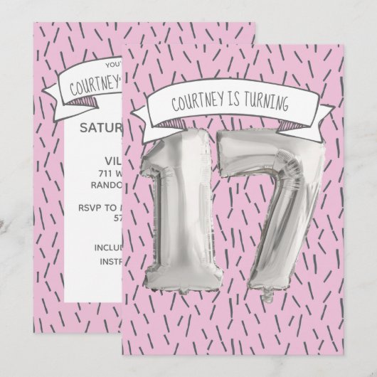 Roze en Grijze Ballon Meisjes 17e Verjaardagsfeest Kaart (Voorkant / Achterkant)