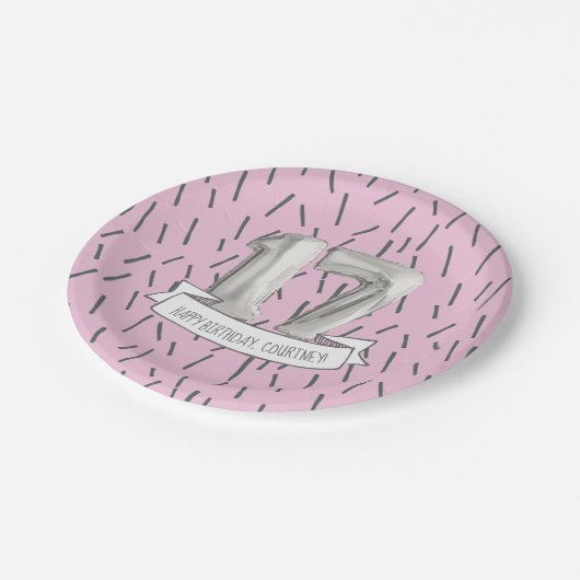 Roze en Grijze Ballon Meisjes 17e Verjaardagsfeest Papieren Bordje (Gekanteld)