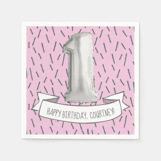 Roze en Grijze Ballon Meisjes 1e Verjaardagsfeest Servet (Voorkant)