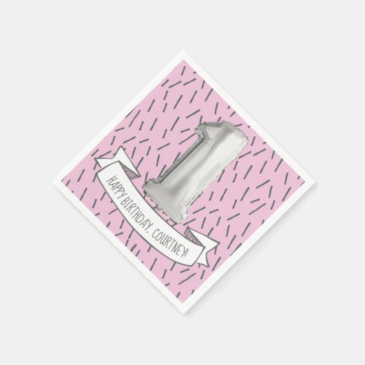 Roze en Grijze Ballon Meisjes 1e Verjaardagsfeest Servet (Hoek)