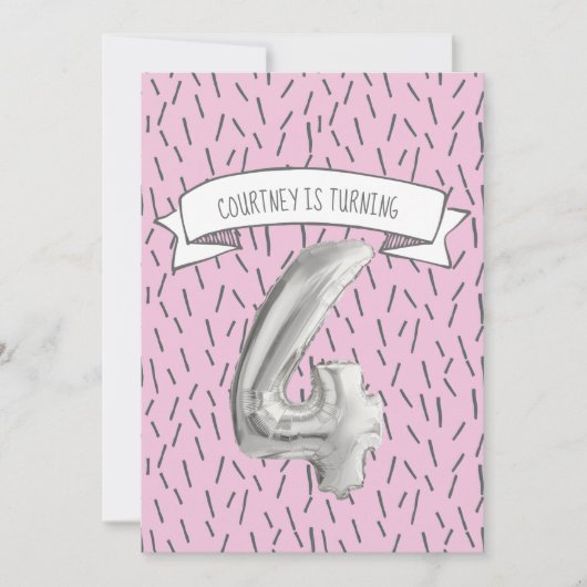 Roze en Grijze Ballon Meisjes 4e Verjaardagsfeestj Kaart (Voorkant)