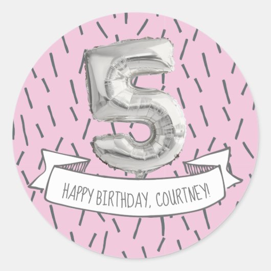 Roze en Grijze Ballon Meisjes 5e Verjaardagsfeestj Ronde Sticker (Voorkant)