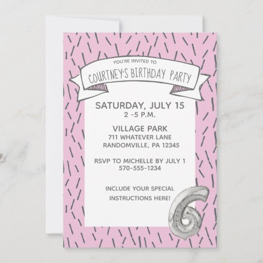 Roze en Grijze Ballon Meisjes 6e Verjaardagsfeestj Kaart (Achterkant)