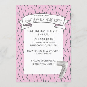 Roze en Grijze Ballon Meisjes 7e Verjaardagsfeestj Kaart