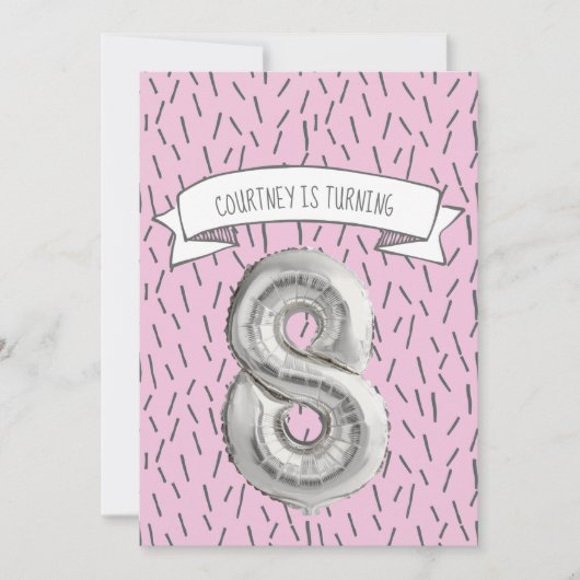 Roze en Grijze Ballon Meisjes 8e Verjaardagsfeestj Kaart (Voorkant)
