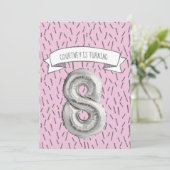 Roze en Grijze Ballon Meisjes 8e Verjaardagsfeestj Kaart (Staand voorkant)