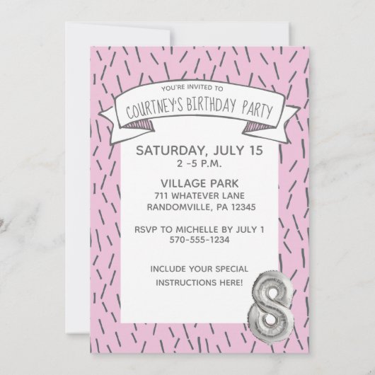 Roze en Grijze Ballon Meisjes 8e Verjaardagsfeestj Kaart (Achterkant)