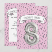 Roze en Grijze Ballon Meisjes 8e Verjaardagsfeestj Kaart (Voorkant / Achterkant)