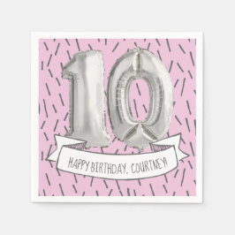 Roze en grijze ballonmeisjes 10e verjaardag servet