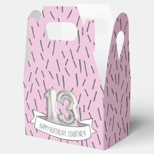 Roze en grijze ballonmeisjes 13e verjaardag bedankdoosjes (Geopend)
