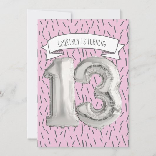 Roze en grijze ballonmeisjes 13e verjaardag kaart (Voorkant)
