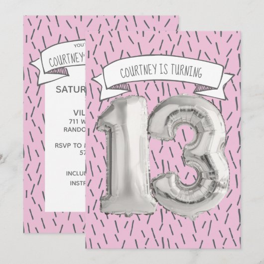 Roze en grijze ballonmeisjes 13e verjaardag kaart (Voorkant / Achterkant)