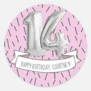Roze en grijze ballonmeisjes 14e verjaardag ronde sticker