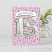 Roze en grijze ballonmeisjes 15e verjaardag kaart (Staand voorkant)