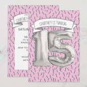 Roze en grijze ballonmeisjes 15e verjaardag kaart (Voorkant / Achterkant)