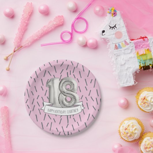 Roze en grijze ballonmeisjes 18e verjaardag papieren bordje (Feest)