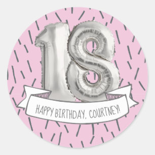 Roze en grijze ballonmeisjes 18e verjaardag ronde sticker