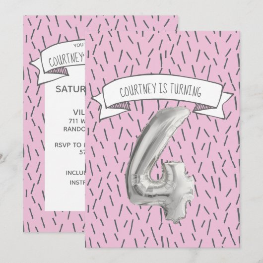 Roze en grijze ballonmeisjes 4e verjaardagsfeestje kaart (Voorkant / Achterkant)