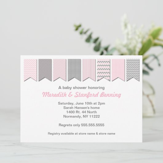 Roze en grijze banner Baby shower/uitnodiging voor Kaart (Staand voorkant)