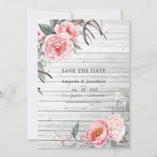Roze en grijze bijtende bohemen - bruiloft save the date (Voorkant)