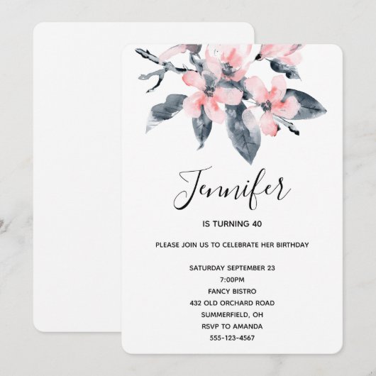 Roze en grijze bloemen Classy Waterverf Birthday Kaart (Voorkant / Achterkant)