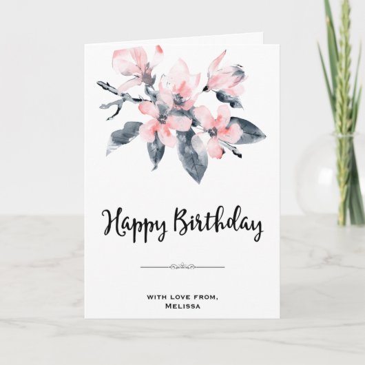 Roze en grijze bloemen Classy Waterverf Birthday Kaart (Voorkant)