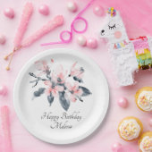 Roze en grijze bloemen Classy Waterverf Birthday Papieren Bordje (Feest)