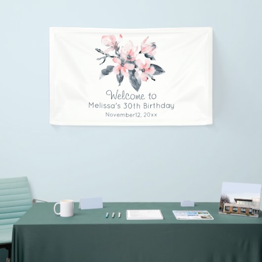 Roze en grijze bloemen Classy Waterverf Birthday Spandoek (Beurs)