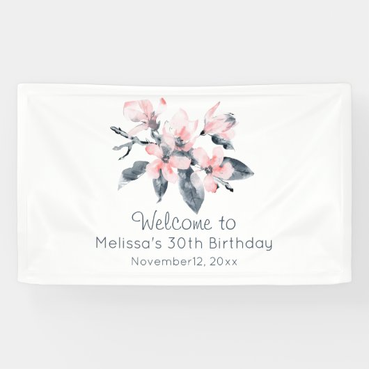 Roze en grijze bloemen Classy Waterverf Birthday Spandoek (Horizontaal)