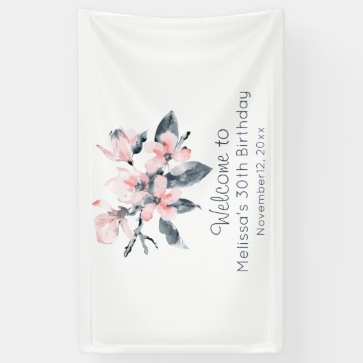 Roze en grijze bloemen Classy Waterverf Birthday Spandoek (Verticaal)