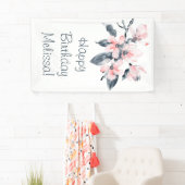 Roze en grijze bloemen Classy Waterverf Birthday Spandoek (Insitu)