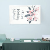 Roze en grijze bloemen Classy Waterverf Birthday Spandoek (Beurs)
