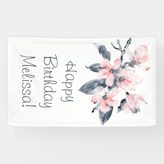 Roze en grijze bloemen Classy Waterverf Birthday Spandoek (Horizontaal)