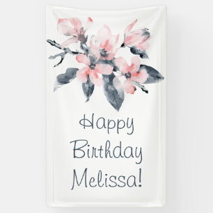 Roze en grijze bloemen Classy Waterverf Birthday Spandoek