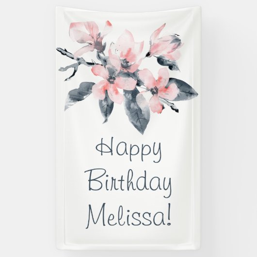 Roze en grijze bloemen Classy Waterverf Birthday Spandoek (Verticaal)