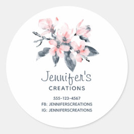 Roze en grijze bloemen Classy Waterverf Business Ronde Sticker