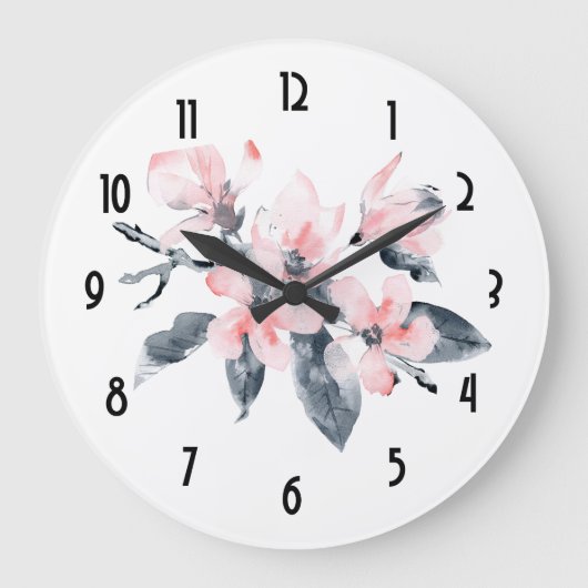 Roze en grijze bloemen Classy-Waterverf Grote Klok (Voorkant)