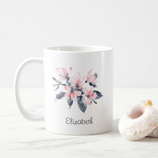 Roze en grijze bloemen Classy-Waterverf Koffiemok (Met donut)
