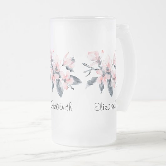 Roze en grijze bloemen Classy-Waterverf Matglas Bierpul (Voorkant rechts)