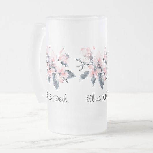 Roze en grijze bloemen Classy-Waterverf Matglas Bierpul (Voorkant links)