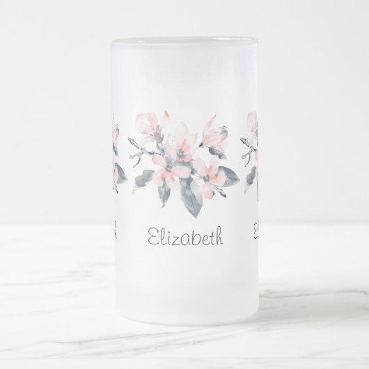 Roze en grijze bloemen Classy-Waterverf Matglas Bierpul (Center)