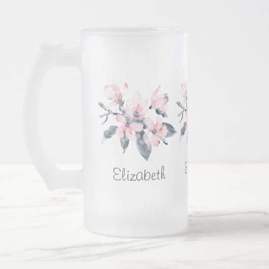Roze en grijze bloemen Classy-Waterverf Matglas Bierpul (Links)