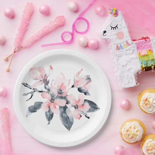 Roze en grijze bloemen Classy-Waterverf Papieren Bordje (Feest)