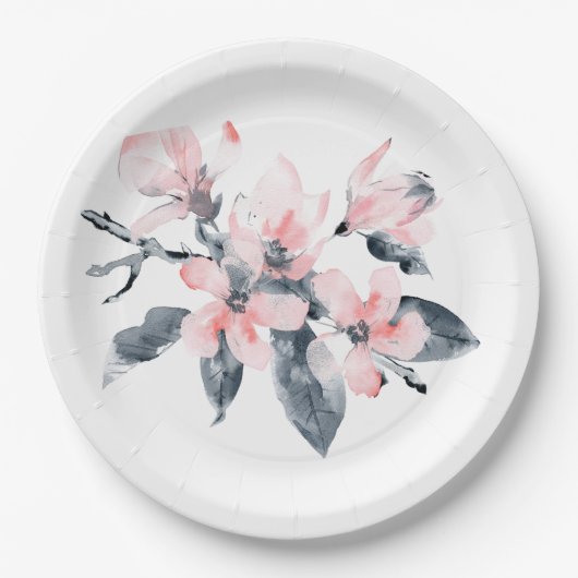 Roze en grijze bloemen Classy-Waterverf Papieren Bordje (Voorkant)
