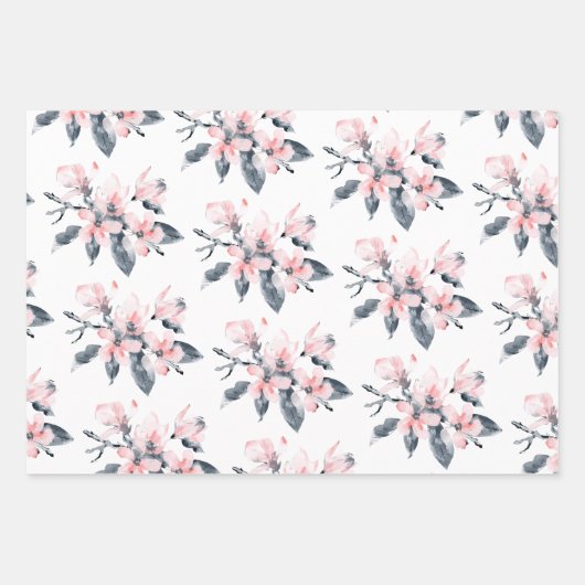 Roze en grijze bloemen Classy Waterverf Patroon Inpakpapier Vel (Voorkant)